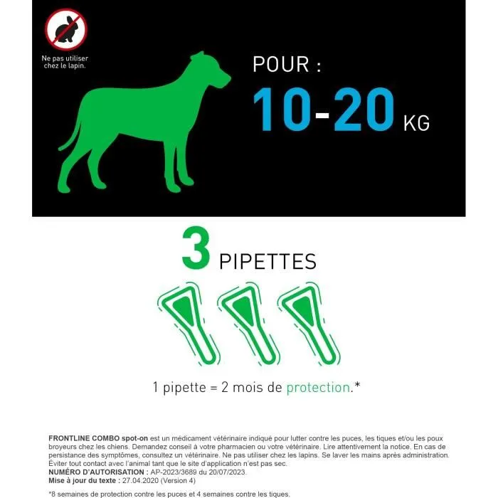 Frontline Combo pour chien - Anti-puces et anti-tiques - 3 pipettes pour chiens de 10 à 20 kg (M)