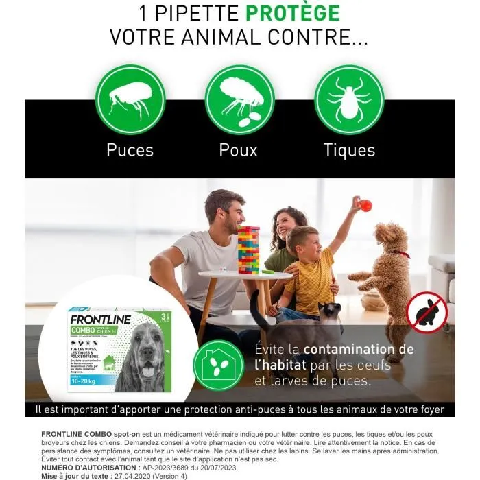 Frontline Combo pour chien - Anti-puces et anti-tiques - 3 pipettes pour chiens de 10 à 20 kg (M)