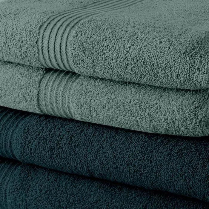 Today - Lot de 10 serviettes de toilette 50x90 cm - 450 g/m² - Coton 100% - Coloris : 5 paon et 5 céladon