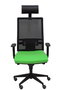 Silla de oficina Horna con mecanismo Sincro tapizada con Tela color Pistacho y malla color Negro. Equipada con lumbar 1D, Brazos 1D, Cabecero Fijo y Ruedas de parqué