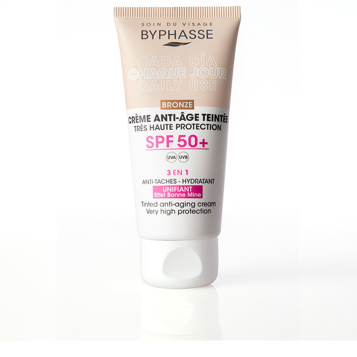 Byphasse Crème Teintée Anti-Âge SPF50+ Bronze 50 ml – Protection UV, Hydratation Acide Hyaluronique & Vitamine E Byphasse Crème Teintée Anti-Âge SPF50+ Bronze 50 ml – Protection UV, Hydratation Acide Hyaluronique & Vitamine E