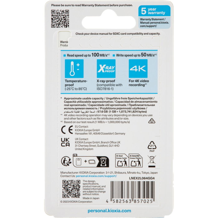 Kioxia Exceria G2 SDXC 64 Go UHS-I U3 V30