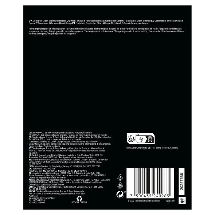 Braun CCR8-LOTION - Cartouche de nettoyage 3in1 ShaverCare - Pour station SmartCare - Nettoyage 10x efficace - Parfum citron - Pack de 8