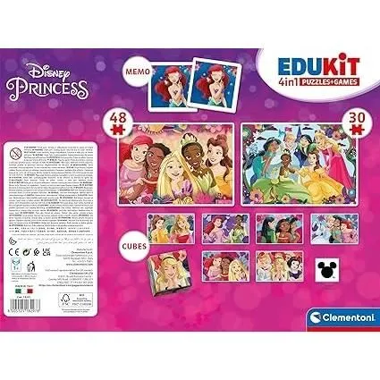 Clementoni Edukit Disney Princesses - Coffret d'apprentissage 4 en 1 avec 2 puzzles, jeu de mémoire et 6 cubes - Développe logique et dextérité