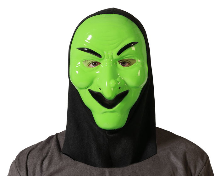 Masque de sorcière vert à capuche avec traits caractéristiques pour Halloween, théâtre et événements thématiques Masque de sorcière vert à capuche avec traits caractéristiques pour Halloween, théâtre et événements thématiques