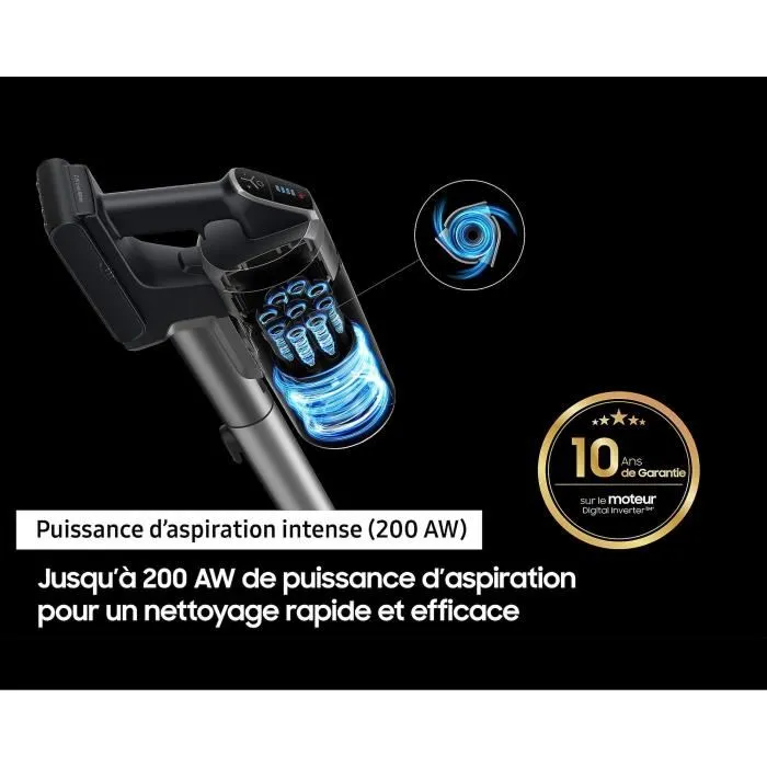 Samsung Aspirateur Balai sans Fil Jet 75E VS20B75CR5 - 200 AW - Autonomie 60 min - Station murale - 3 Brosses