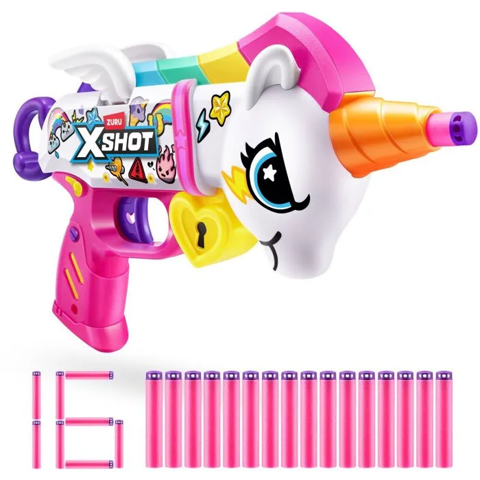 ZURU XSHOT Skins BlasterCorn Heartbreaker - Pistolet à fléchettes en mousse - 16 fléchettes - Rechargement rapide - Pour enfants dès 8 ans