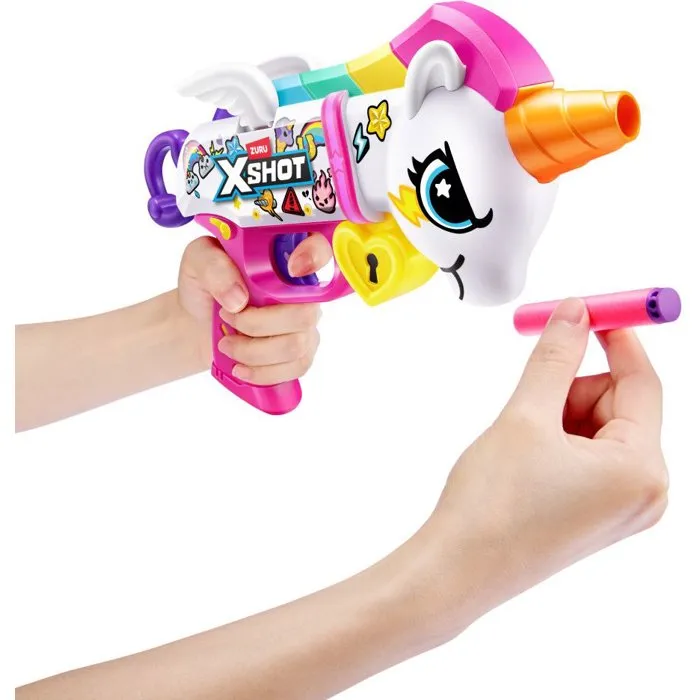 ZURU XSHOT Skins BlasterCorn Heartbreaker - Pistolet à fléchettes en mousse - 16 fléchettes - Rechargement rapide - Pour enfants dès 8 ans