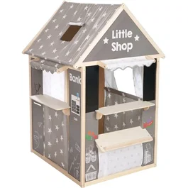 Roba Maisonnette 4 en 1 - Bois et tissu, 4 faces (Théâtre, Épicerie, Banque, Kiosque avec tableau) - Jouet en bois robuste - Gris - 128 * 94.5 * 82.5 cm