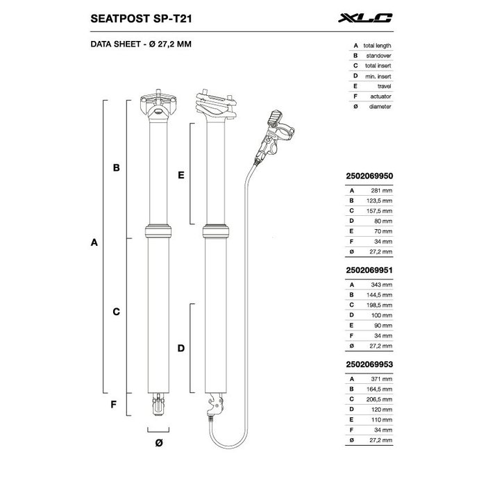 XLC Tige de selle télescopique SP-T21 27.2 377mm 90mm