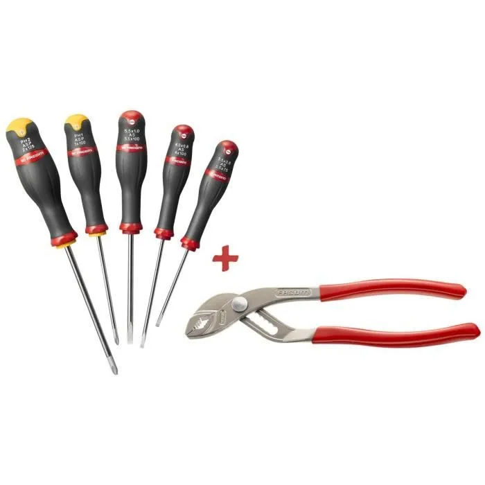 Facom AT5.170PB Coffret de 5 Tournevis Fente et Phillips avec 1 Pince Multiprise 46mm - Tournevis 3 Fentes (3.5mm, 4mm, 5.5mm) et 2 Phillips (PH1, PH2)