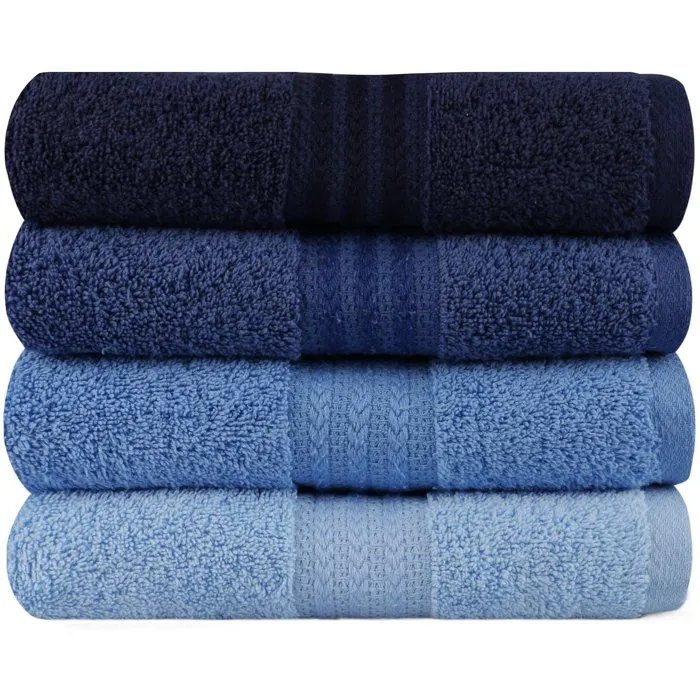 Set de 4 serviettes de main - 50 x 90 cm - Coton 100% - Bleu