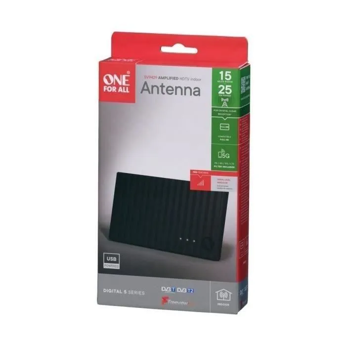 One For All - Antenne d'intérieur amplifiée - Portée de réception 25 km - Compatible Full HD/4K - Indicateur de signal lumineux - Alimentation USB - Filtre 5G