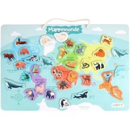 J.A.D.E Plateau magnétique éducatif des continents avec 30 animaux en bois FSC - Jeu de géographie et biodiversité pour enfants dès 3 ans - 40x30 cm