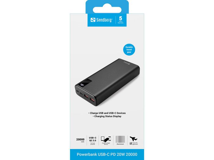 Sandberg Powerbank 20000 mAh USB-C PD 20W avec Port USB-A - Batterie Externe Aluminium - Charge Rapide