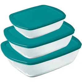 Pyrex Cook & Store - Lot de 3 plats rectangulaires en verre avec couvercles (0.4L, 1.1L, 2.5L) - Résistant aux chocs thermiques, sans BPA