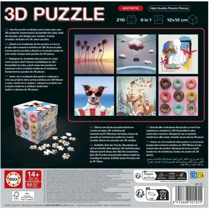 Educa Puzzle 3D Cube Aesthetic - 216 Pièces - 6 Puzzles de 36 Pièces - Défi 8 Ans et Plus (20125)