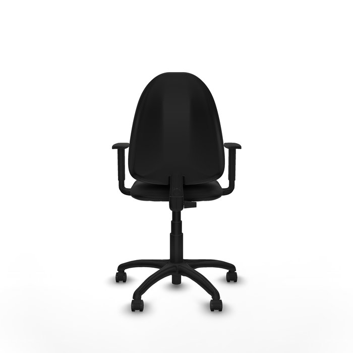 Chaise de bureau Aýna avec mécanisme de contact permanent de base, revêtue de simili cuir noir. Équipée d'une base en polyamide noir, d'accoudoirs 1D et de roulettes pour parquet.
