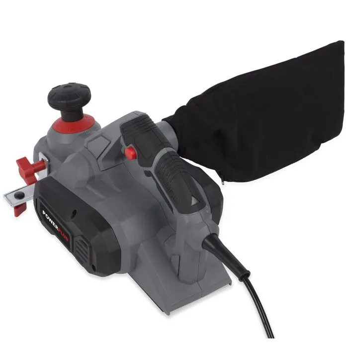 Powerplus - Rabot électrique 900 W, vitesse 17000 min-1, guide latéral, sac à poussière et connecteur pour extracteur