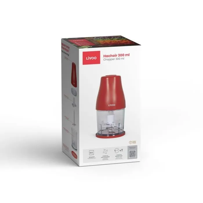 Livoo Hachoir Électrique DOP244R - 400W - Bol Gradué 300 ml avec 2 Lames en Acier Inoxydable - 1 Vitesse et Fonction Turbo