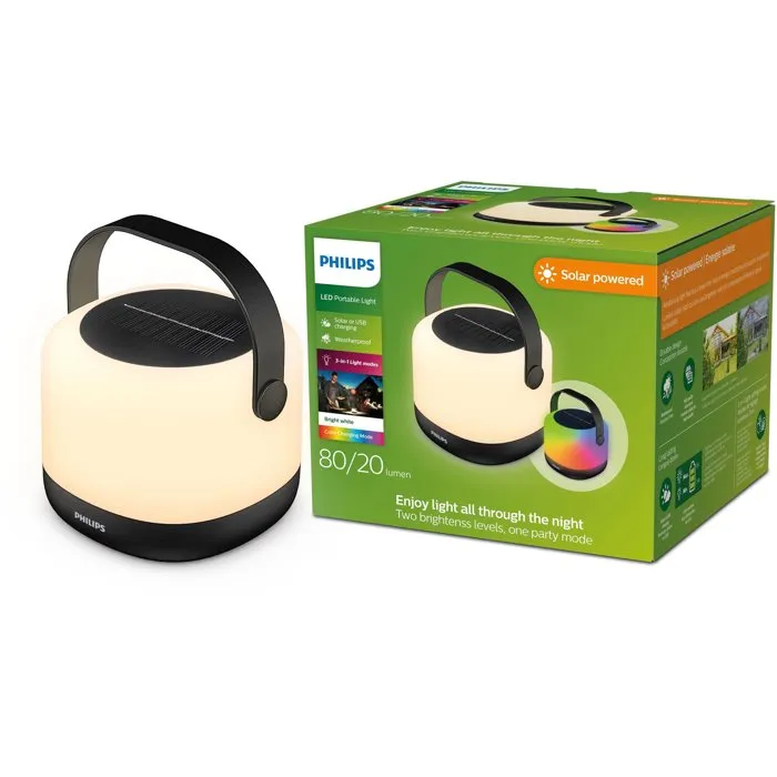 Philips - Lampe solaire portable Alula SR PT à LED RGB 30K avec contrôle tactile, alimentation USB/solaire, aluminium, IP44, 1,2W, noir