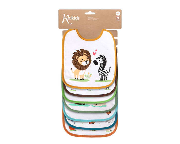 KioKids - Set de 7 bavoirs imperméables et absorbants avec motifs d'animaux colorés, pour bébé dès la naissance, en coton et polyester
