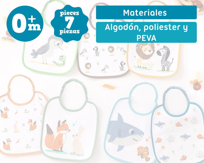 KioKids - Set de 7 bavoirs imperméables et absorbants avec motifs d'animaux colorés, pour bébé dès la naissance, en coton et polyester
