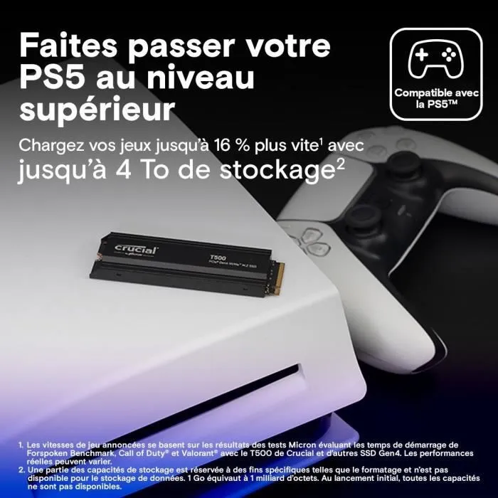 Crucial CT2000T500SSD5 SSD 2To PCIe Gen4 NVMe M.2 Interne Gaming avec Dissipateur pour PlayStation 5