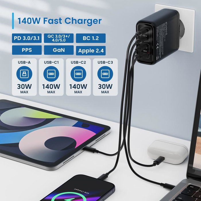 Ewent EW1337 Chargeur GaN 140W 4 Ports