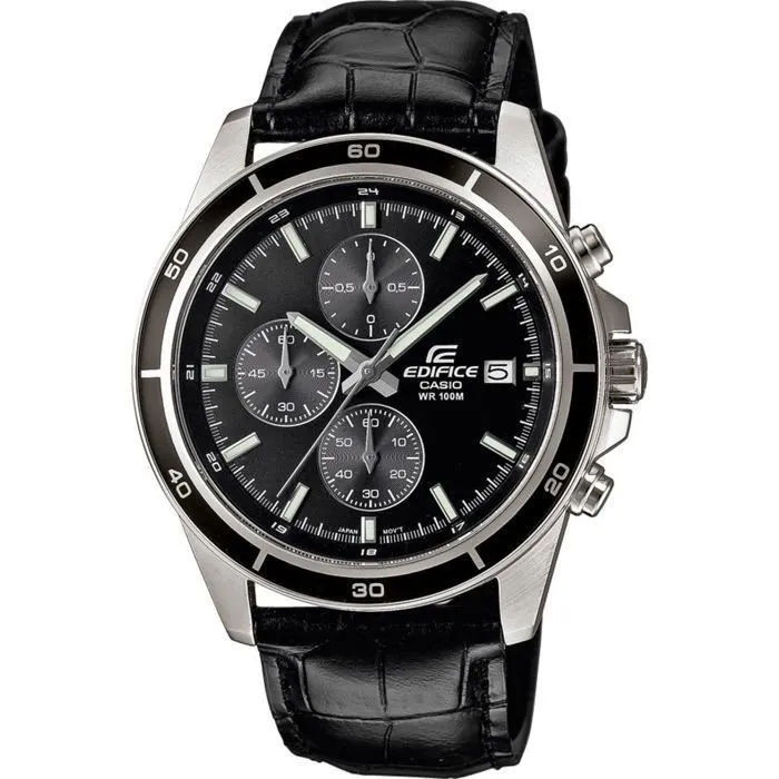 Casio Edifice - Montre pour Homme en Cuir Véritable Noir - Boîtier 44 mm - Mouvement à Quartz - Chronographe - Étanchéité 10 Atm - Affichage de la Date Casio Edifice - Montre pour Homme en Cuir Véritable Noir - Boîtier 44 mm - Mouvement à Quartz - Chronographe - Étanchéité 10 Atm - Affichage de la Date
