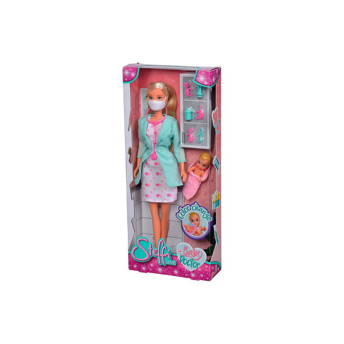 Steffi Love Pediatra 5733493 - Poupée pédiatre Steffi avec masque, tablier et stéthoscope, soins du bébé, jeu de rôle éducatif, pour enfants à partir de 3 ans