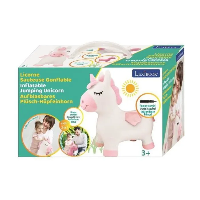 Lexibook - Licorne Sauteuse Gonflable en Peluche avec Housse Amovible - Jouet Gonflable Enfant 3 Ans+ (50 x 45 cm, Pompe Incluse)