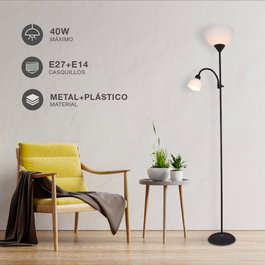 GSC Evolution Lampe de pied Serie Nawis 1760mm E27 avec liseuse E14 Noir