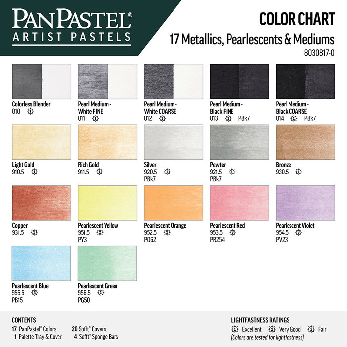 Panpastel Kit 17 - Métalliques, perlés, moyens et 4 couleurs pâles avec outils Sofft