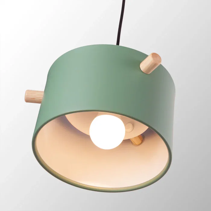 Lampadaire Suspendu Averie - Design Moderne, Abat-Jour en Métal avec Décor Bois - Disponible en Blanc, Vert Olive, Saumon et Turquoise [SKD-P1013-W]