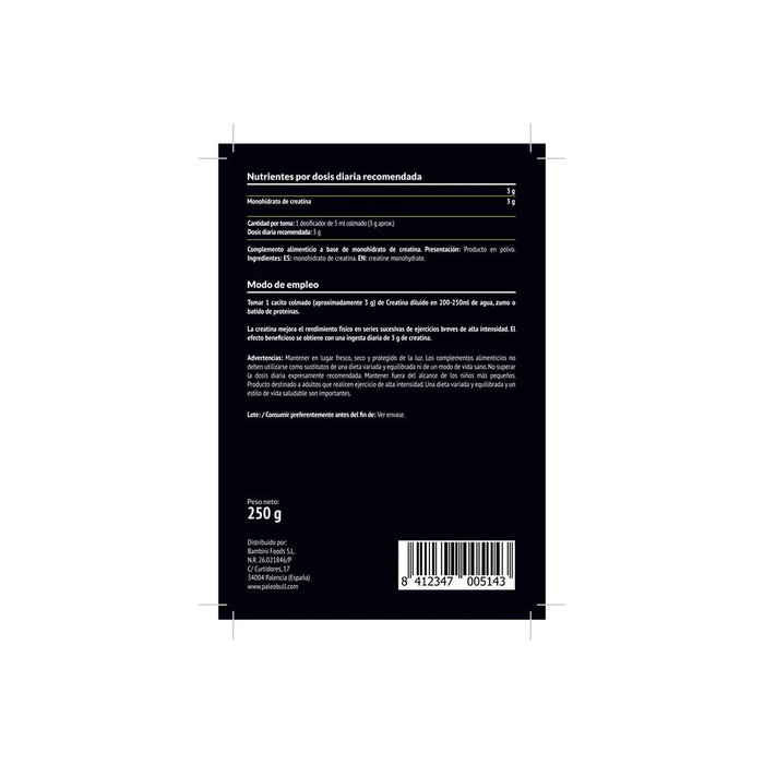 Paleobull Créatine Monohydrate Micronisée 200 mesh – 250 g, Pureté Élevée, Sans Additifs