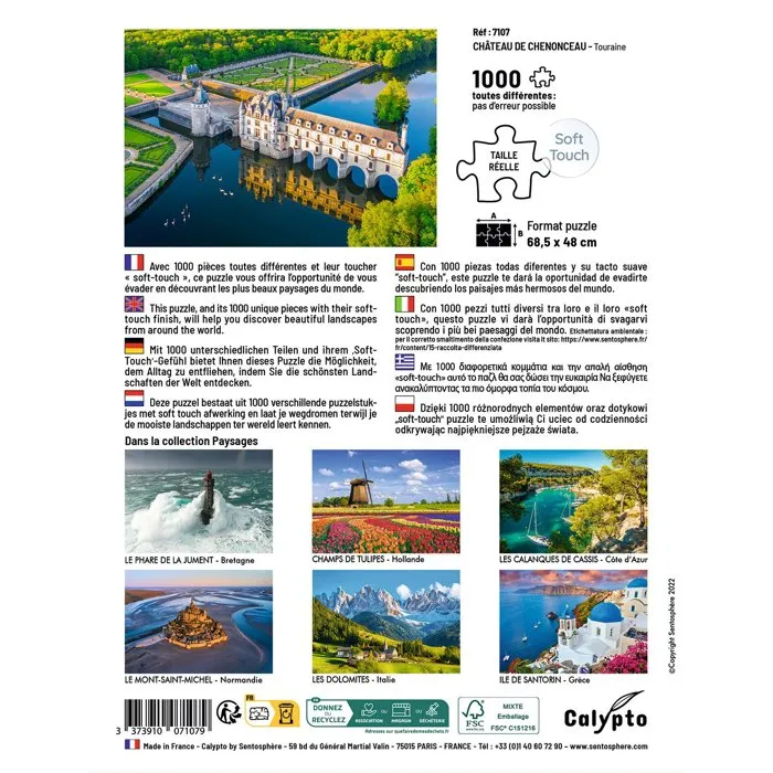 Sentosphere Puzzle Calypto 1000 Pièces - Château de Chenonceau en Touraine - Toucher Soyeux - À Partir de 9 Ans