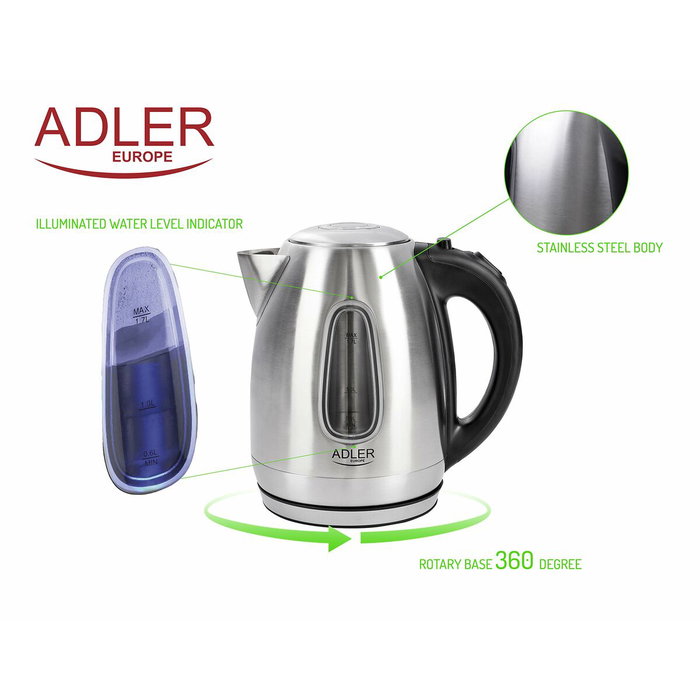 Adler AD 1223 Bouilloire Noir Acier inoxydable 2000 W 1,7 L