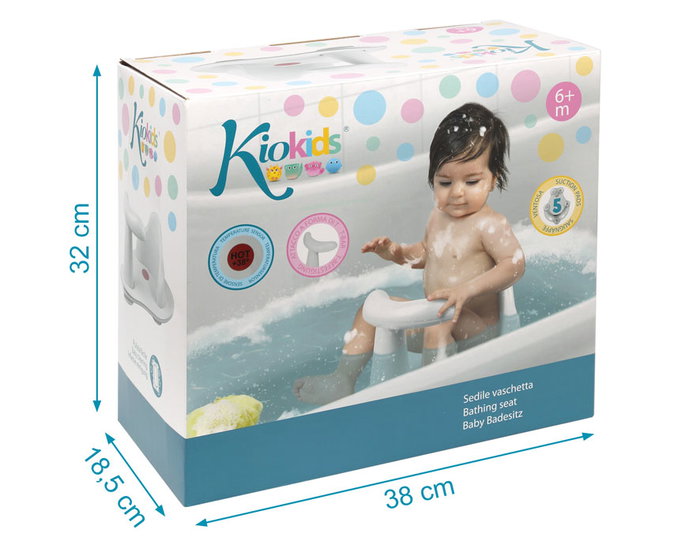 KioKids Siège de Baignoire Sécurité Bébé Blanc, Détecteur de Température >38°C, 5 Ventouses, Confort Accru, Âge +12 Mois, Collection Purewhite