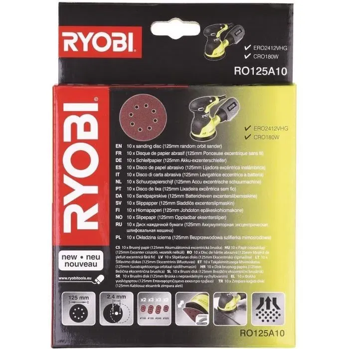 Ryobi - Lot de 10 disques auto-agrippants diam. 125 mm pour ponceuse excentrique - Grains 100, 120, 240, 320 - Réf. RO125A10 Ryobi - Lot de 10 disques auto-agrippants diam. 125 mm pour ponceuse excentrique - Grains 100, 120, 240, 320 - Réf. RO125A10