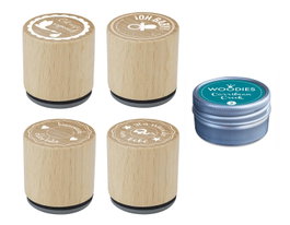 Innspiro Kit 4 Tampons Bois Naissance et Bienvenue Bébé avec Encre Bleu Océan