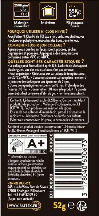 Pattex - Ni Clou Ni Vis - Colle de fixation extra forte pour béton, brique, plâtre, bois - À base de polymères - Tube de 52 g