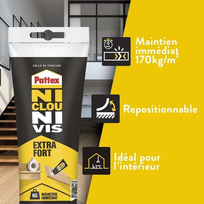 Pattex - Ni Clou Ni Vis - Colle de fixation extra forte pour béton, brique, plâtre, bois - À base de polymères - Tube de 52 g