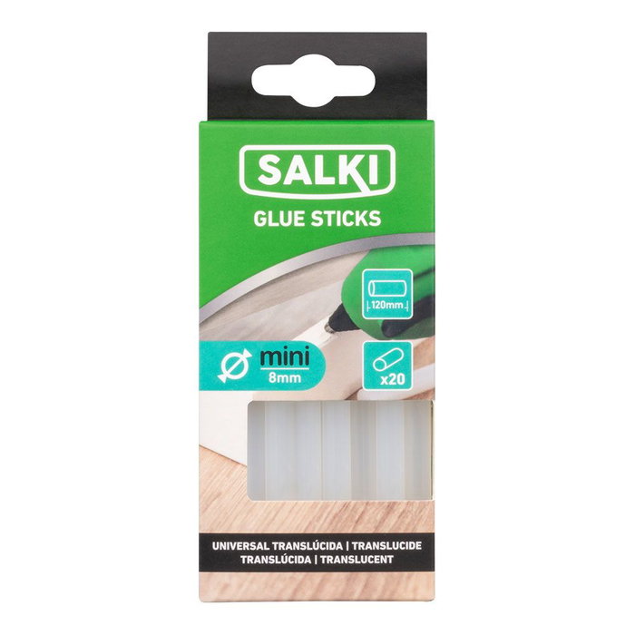 Salki Bâtonnets de colle thermofusible translucide ø8 x 120 mm, blister de 20 pcs Salki Bâtonnets de colle thermofusible translucide ø8 x 120 mm, blister de 20 pcs