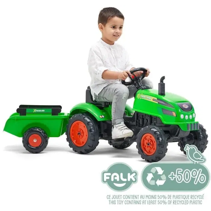FALK X-Tractor Tracteur à pédales pour enfant 2-5 ans avec remorque et capot ouvrant - Jeu extérieur fabriqué en France en plastique recyclé