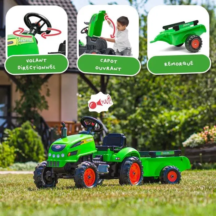 FALK X-Tractor Tracteur à pédales pour enfant 2-5 ans avec remorque et capot ouvrant - Jeu extérieur fabriqué en France en plastique recyclé