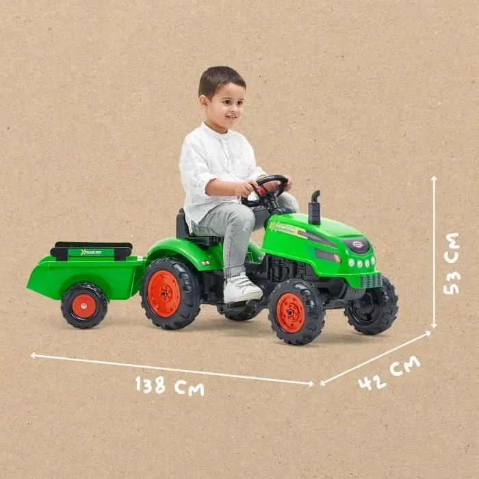 FALK X-Tractor Tracteur à pédales pour enfant 2-5 ans avec remorque et capot ouvrant - Jeu extérieur fabriqué en France en plastique recyclé