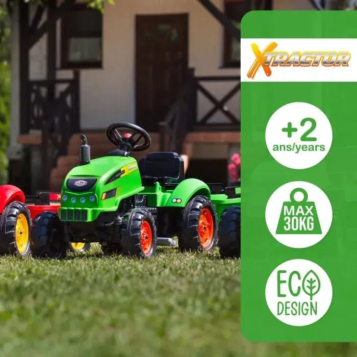 FALK X-Tractor Tracteur à pédales pour enfant 2-5 ans avec remorque et capot ouvrant - Jeu extérieur fabriqué en France en plastique recyclé