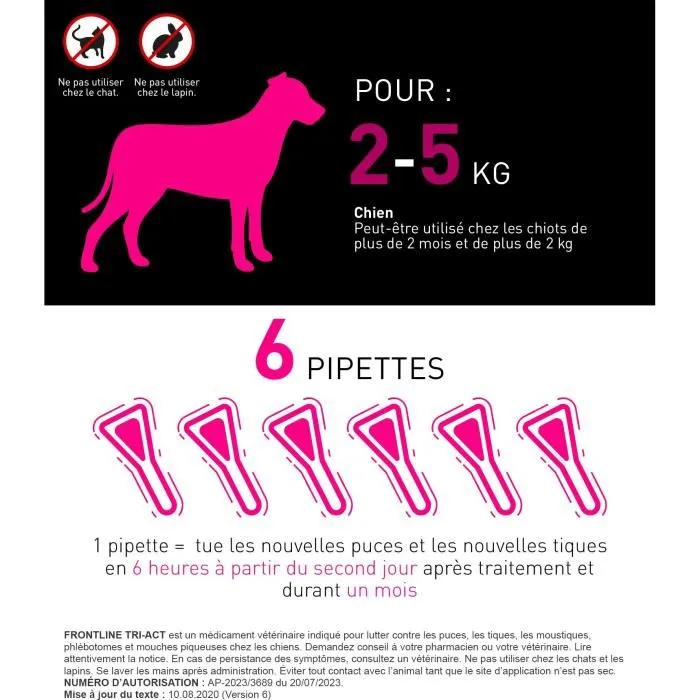 Frontline Tri-Act - Antiparasitaire Chien (Puces, Tiques, Moustiques, Phlébotomes, Mouches Piqueuses) - Pour Chiens 2-5 kg - 6 Pipettes - Action KO Rapide Frontline Tri-Act - Antiparasitaire Chien (Puces, Tiques, Moustiques, Phlébotomes, Mouches Piqueuses) - Pour Chiens 2-5 kg - 6 Pipettes - Action KO Rapide