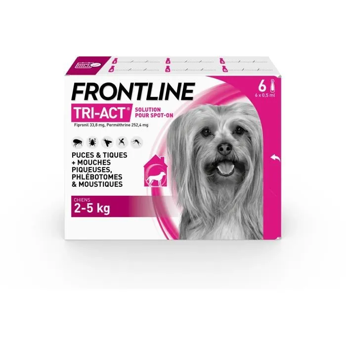 Frontline Tri-Act - Antiparasitaire Chien (Puces, Tiques, Moustiques, Phlébotomes, Mouches Piqueuses) - Pour Chiens 2-5 kg - 6 Pipettes - Action KO Rapide Frontline Tri-Act - Antiparasitaire Chien (Puces, Tiques, Moustiques, Phlébotomes, Mouches Piqueuses) - Pour Chiens 2-5 kg - 6 Pipettes - Action KO Rapide
